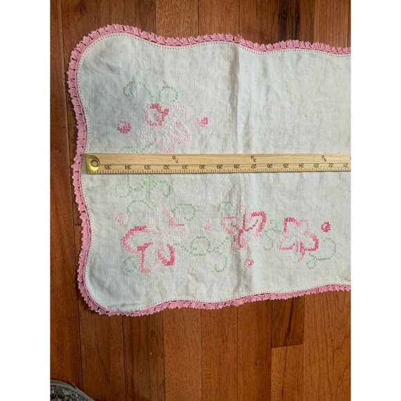 Vintage Hand-Cross Stitched Floral Table Runner with Pink Crochet Trim 36"x15" - Picture 4 of 8